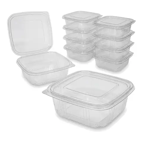500cc Hinged Salad Container, a pack in front with more packs stacked behind, salad box, clear container