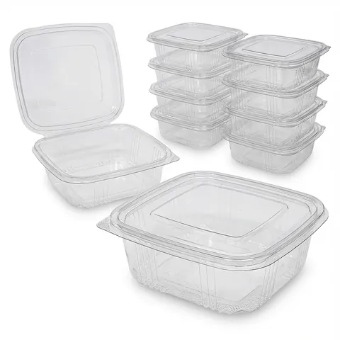 Clear square hinged plastic salad containers, one open to show the attached lid, others stacked, salad box, clear container
