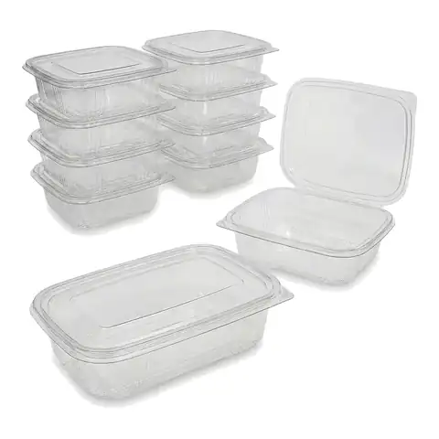 750cc Hinged Salad Container, a pack in front with more packs stacked behind, salad box, clear container