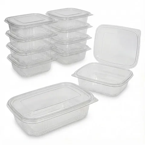 Clear rectangular hinged plastic salad containers with ribbed sides, one open, others stacked, salad box, clear container