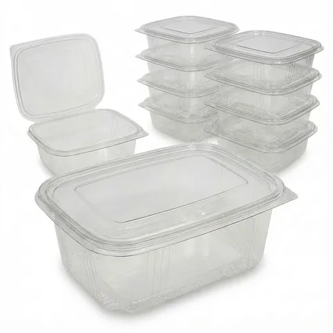 Clear deep rectangular hinged plastic salad containers, one open, others stacked, salad box, clear container