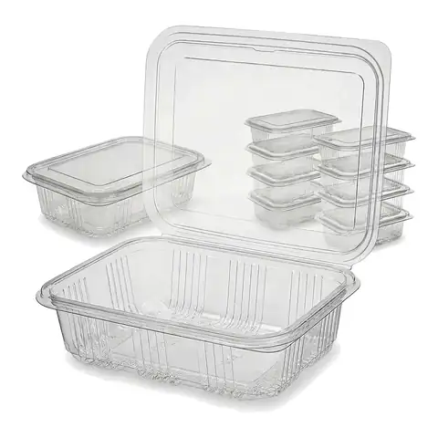 1250cc Hinged Salad Container, a pack in front with more packs stacked behind, salad box, clear container