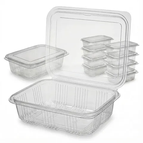 Large clear rectangular hinged salad container with ribbed sides and lid open, with smaller containers stacked behind, salad box, clear container