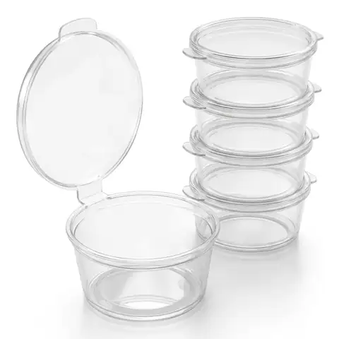 1oz Hinged Sauce Pots, a pack in front with more packs stacked behind, dip pot, condiment pot
