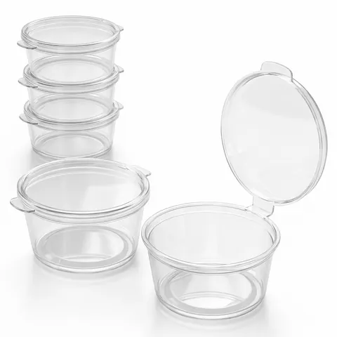 Clear round 1oz hinged sauce pots, three closed and stacked, one closed and one with its attached lid open, dip pot, condiment pot