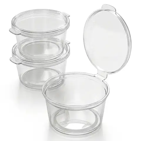 2oz Hinged Sauce Pots, a pack in front with more packs stacked behind, dip pot, condiment pot