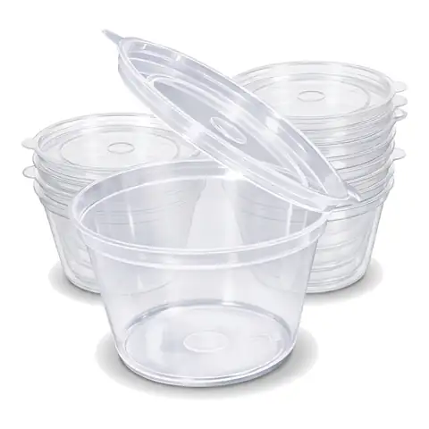 4oz Hinged Sauce Pots, a pack in front with more packs stacked behind, dip pot, condiment pot
