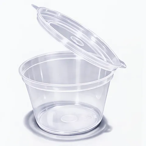 A clear round 4oz hinged sauce pot with its attached lid lifted open, on a white background, dip pot, condiment pot
