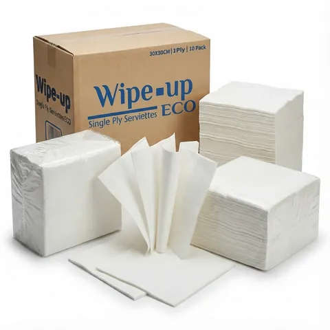Stacks of white quarter-folded 1-ply serviettes, one opened out, in front of a brown cardboard case, napkin, paper napkin