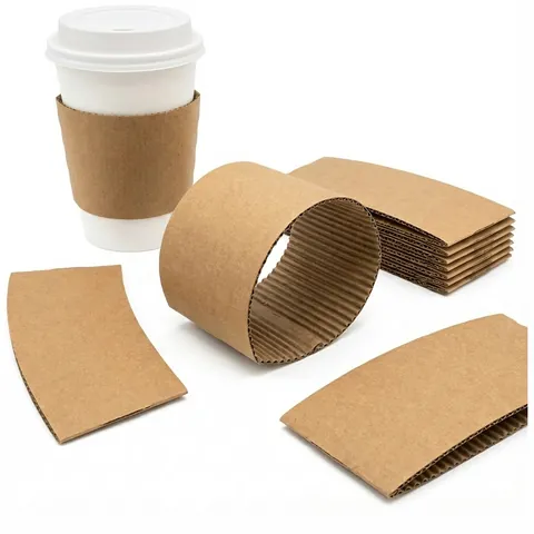 Brown corrugated kraft sleeve on a white takeaway cup, with an open sleeve, a stack of flat sleeves and loose sleeves, paper cup, hot drink cup