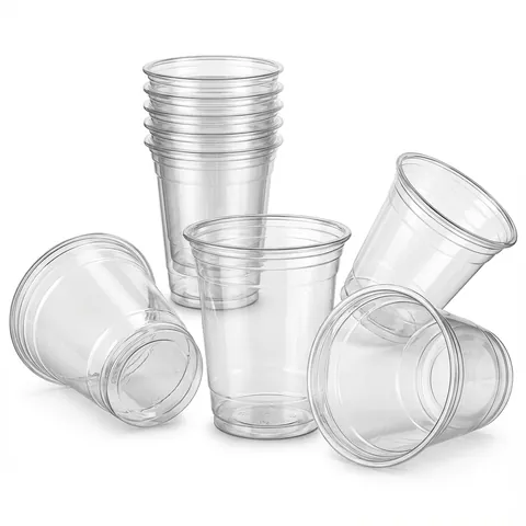 Clear plastic 12oz smoothie cups, some standing, some on their side, and a nested stack, cold drink cup, plastic cup