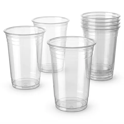 Clear plastic 16oz smoothie cups standing on a white background, with a nested stack of cups, cold drink cup, plastic cup
