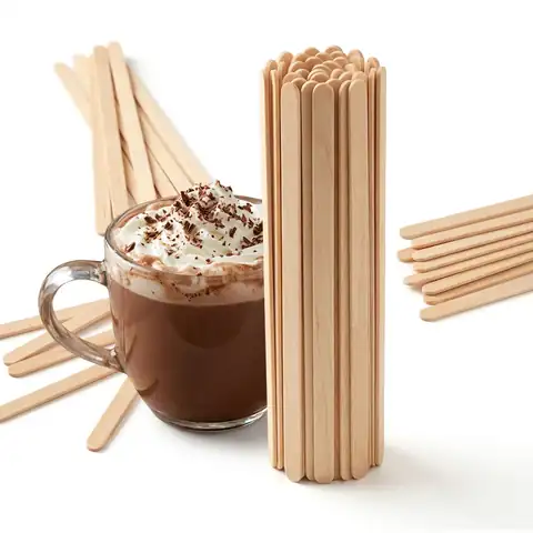 7.5" Wooden Stirrer shown with a hot chocolate with cream, coffee cup, paper cup