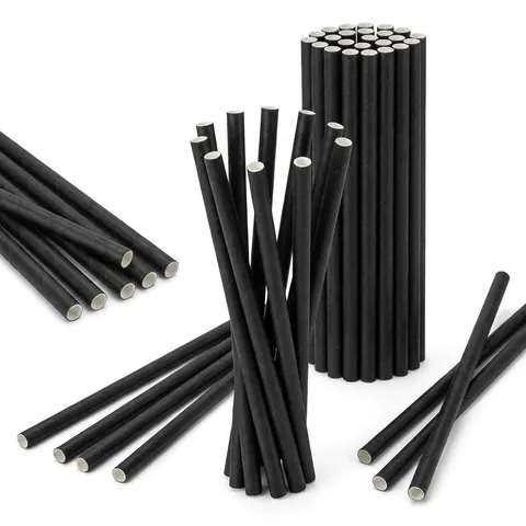 Black paper drinking straws with pale inner ends, in a tall bundle, a loose bunch and lying flat, compostable straw, plastic free straw