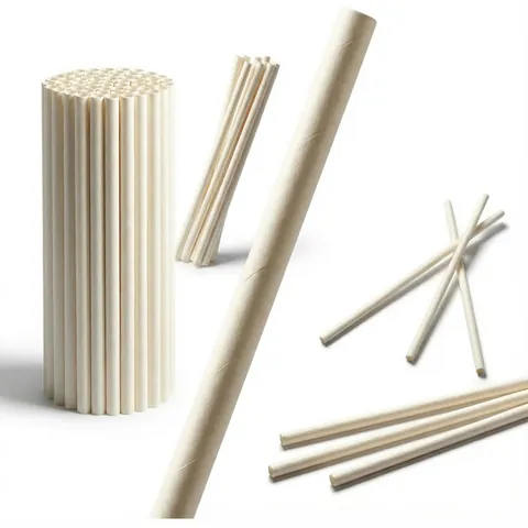 Natural white 9 mm compostable straws in a tall bundle, with loose straws beside them, drinking straw, paper straw