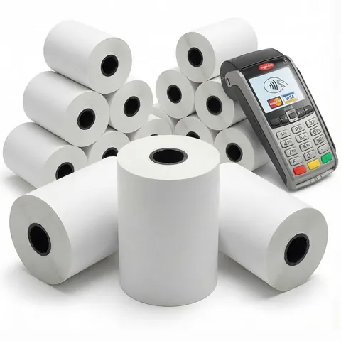 Stack of white 57 x 40 mm thermal till rolls with dark cores beside a card payment terminal, receipt paper, receipt roll