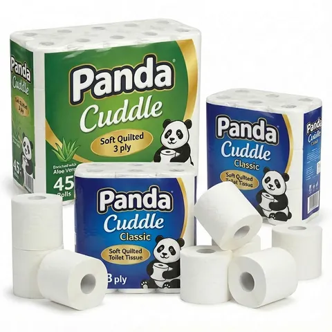 Soft quilted 3-ply toilet roll packs, a 45-roll case and smaller packs, with loose white rolls in front, toilet paper, toilet tissue
