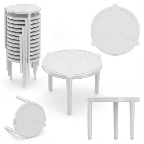 White plastic pizza box tripods: a nested stack, and single tripods shown from the top, the side and at an angle, pizza packaging, pizza delivery box