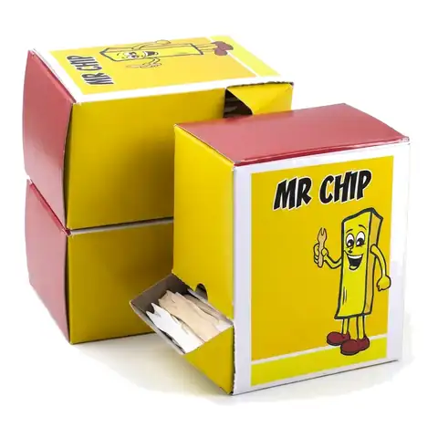 Wooden Chip Fork, a pack in front with more packs stacked behind, wooden fork, pastry fork