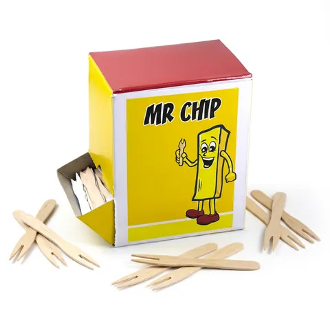 Two-prong wooden chip forks spilling from a yellow and red dispenser box printed with a cartoon chip character, with loose forks in front, wooden fork, pastry fork