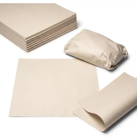 Stack of plain off-white newsprint wrapping sheets, with a loose sheet, a curled sheet and a small parcel wrapped in the paper, greaseproof paper, grease paper