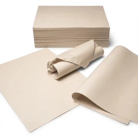 Stack of plain off-white newsprint wrapping sheets, with two loose sheets, one curling up, and a rolled, crumpled sheet in front, greaseproof paper, grease paper