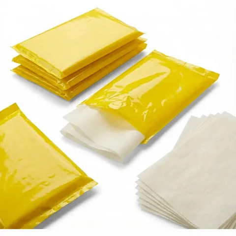 Packs of white greaseproof paper sheets in yellow film, one pack opened to show the sheets, with loose white sheets alongside, wrapping paper, butcher paper