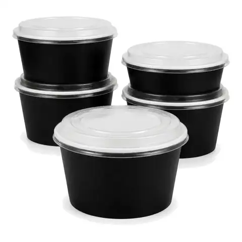 1300ml Round Black Deli Bowls, a pack in front with more packs stacked behind, salad bowl, soup bowl