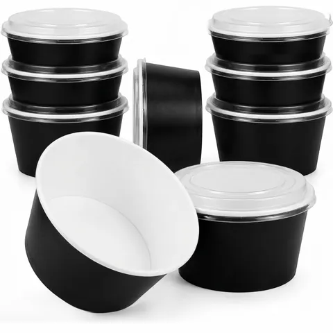 1300ml round black deli bowls with white insides, several shown with clear lids, salad bowl, soup bowl