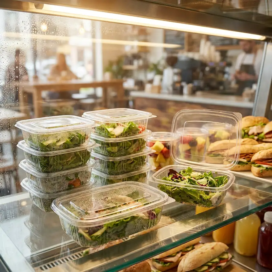Clear 750cc hinged salad containers filled with salad in a cafe chiller display
