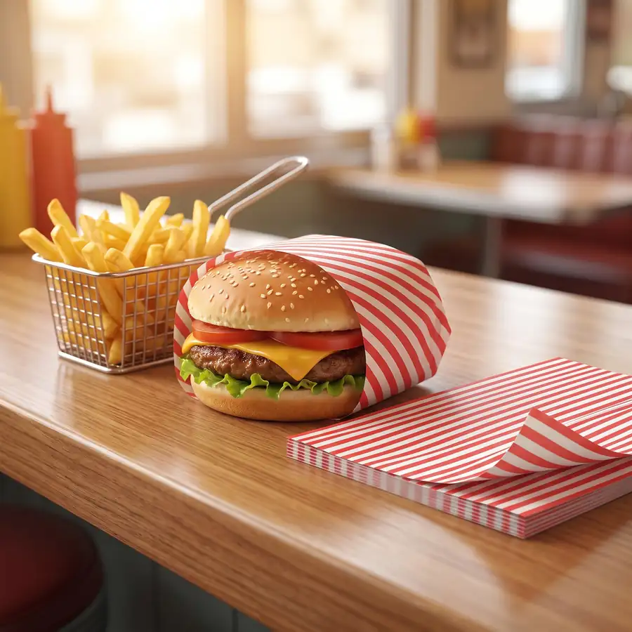 A burger wrapped in red and white stripe paper next to a basket of chips on a diner counter