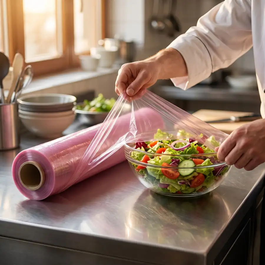 Chef pulling clear cling film from a roll to cover a bowl of salad in a kitchen