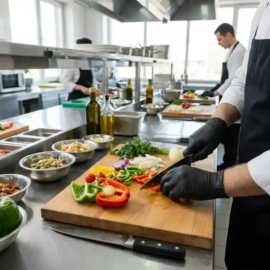 A chef wearing black nitrile gloves chopping peppers on a wooden board