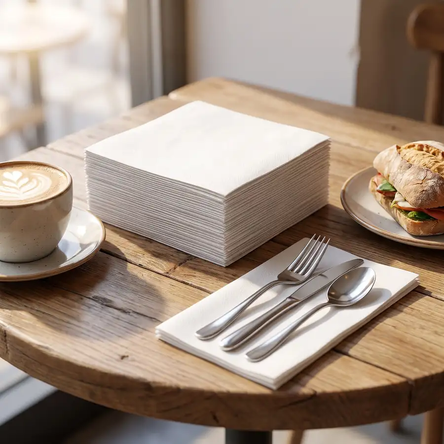 A stack of white serviettes and cutlery on a cafe table next to a coffee and a sandwich