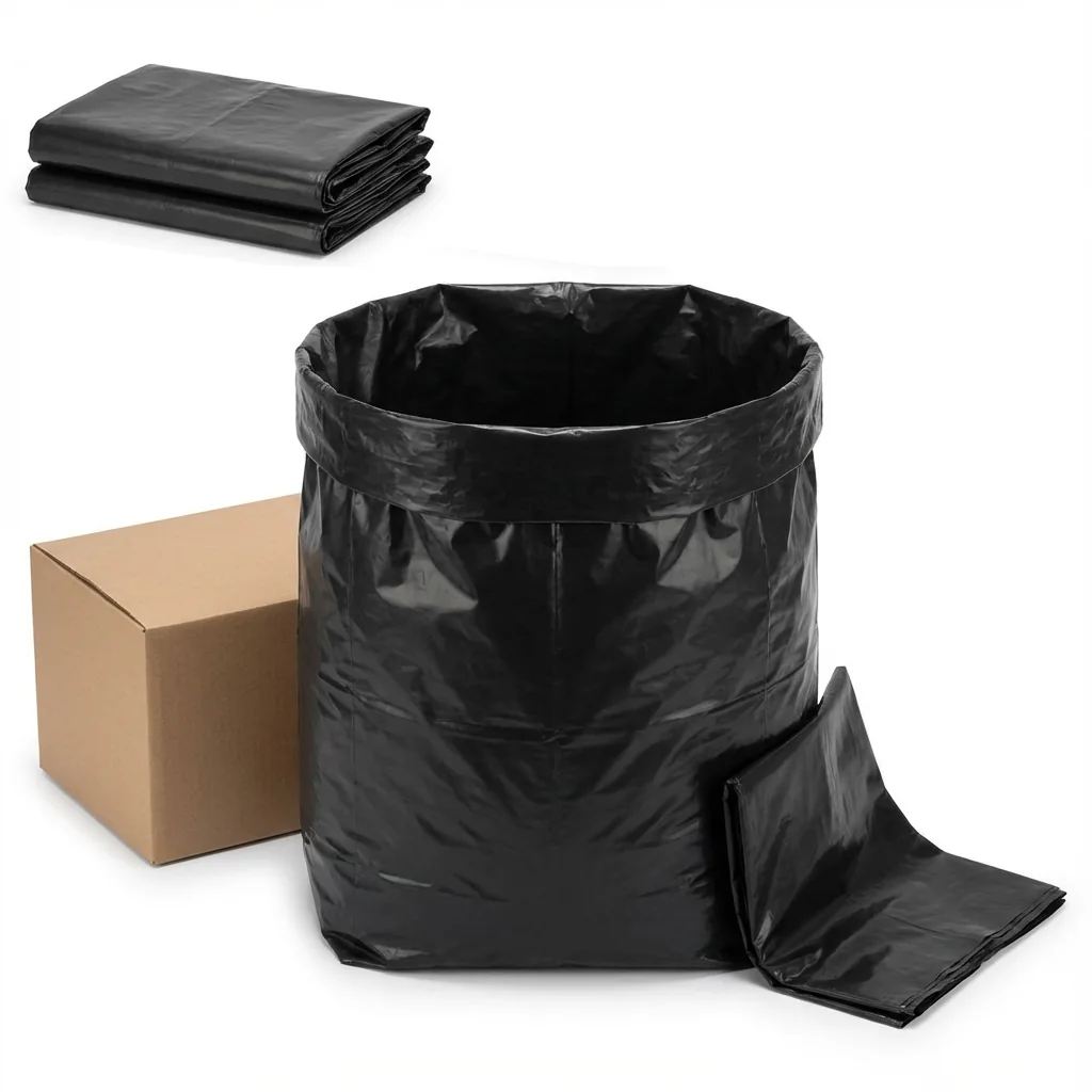 A black heavy duty bin bag standing open beside a folded bag and a cardboard case