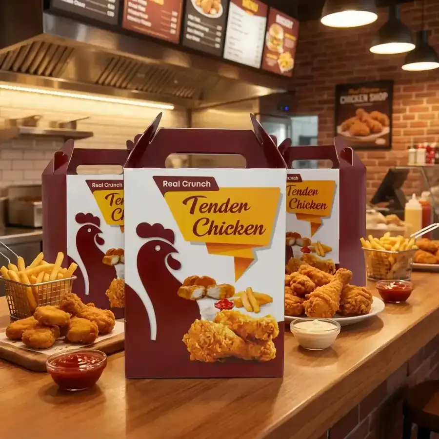 FC4 bucket chicken box on a restaurant counter with chicken, chips and sauces
