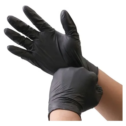 Chefs wearing black nitrile gloves preparing food in a professional kitchen