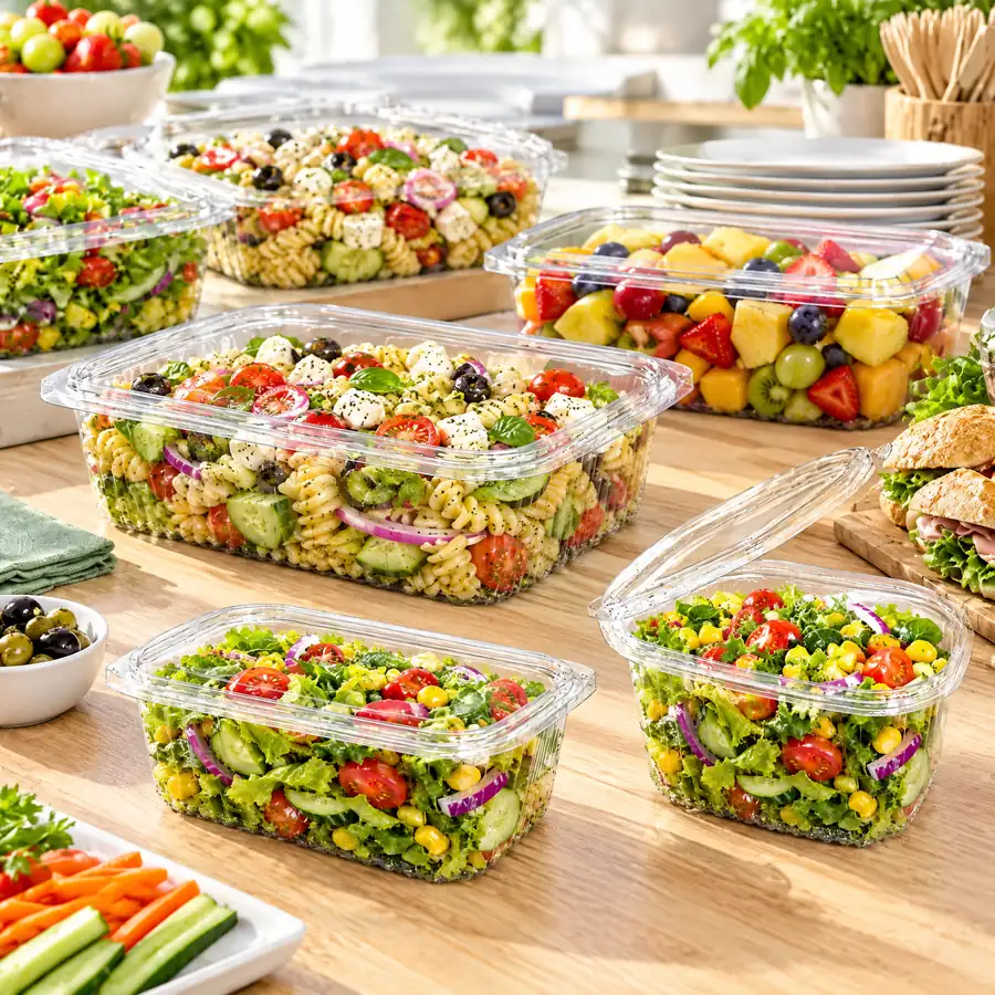 Hinged salad containers filled with salads and pasta on a deli buffet table