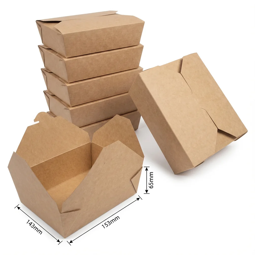 Stack of brown kraft No8 food boxes with interlocking fold-over lids, one open, with size markings