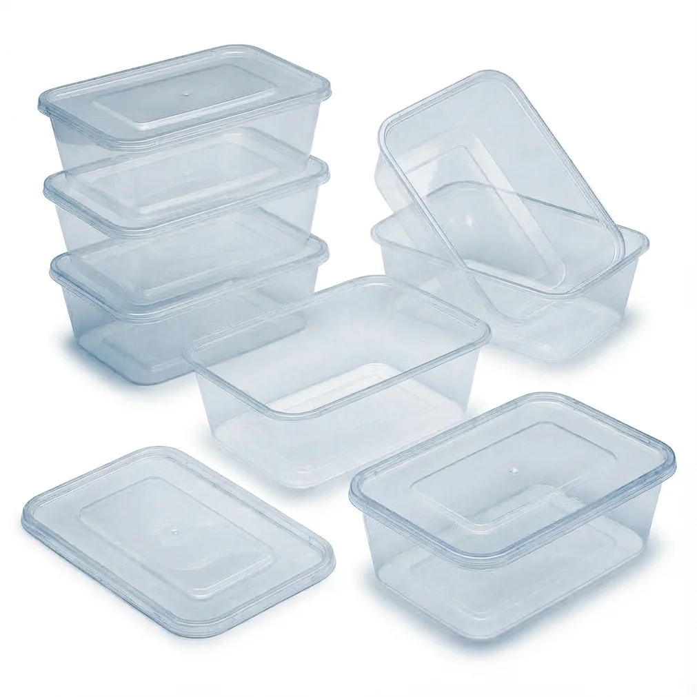 Clear rectangular 1 litre plastic containers with push-on lids, stacked and open on a white background