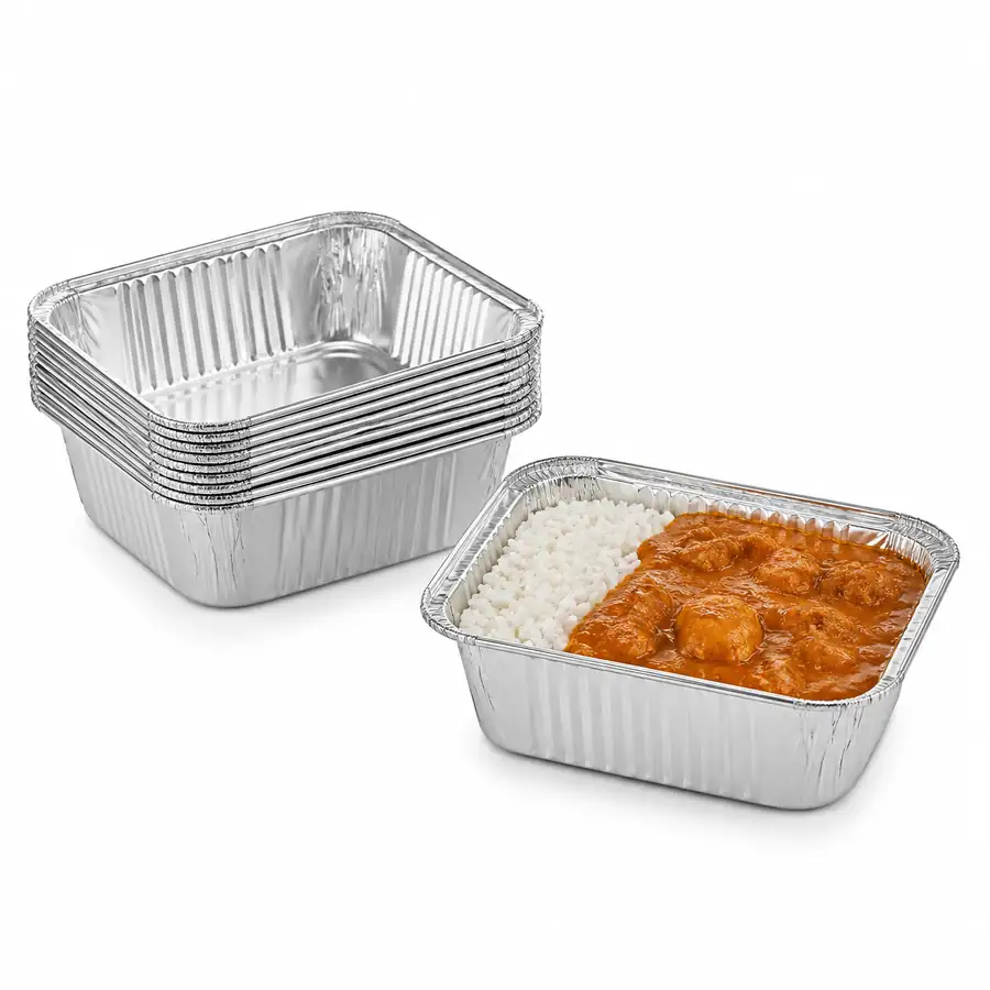 No1 aluminium container filled with curry and rice with a stack of containers behind