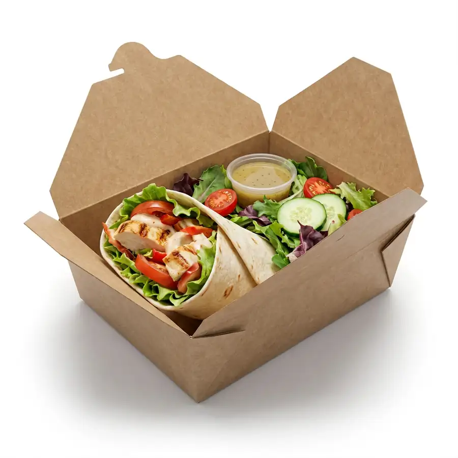 No8 medium kraft box open holding a wrap and a side salad