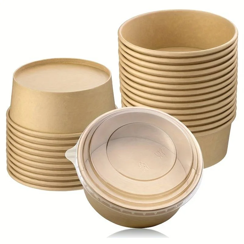 Stacks of round kraft deli bowls with a clear lid on one bowl in front