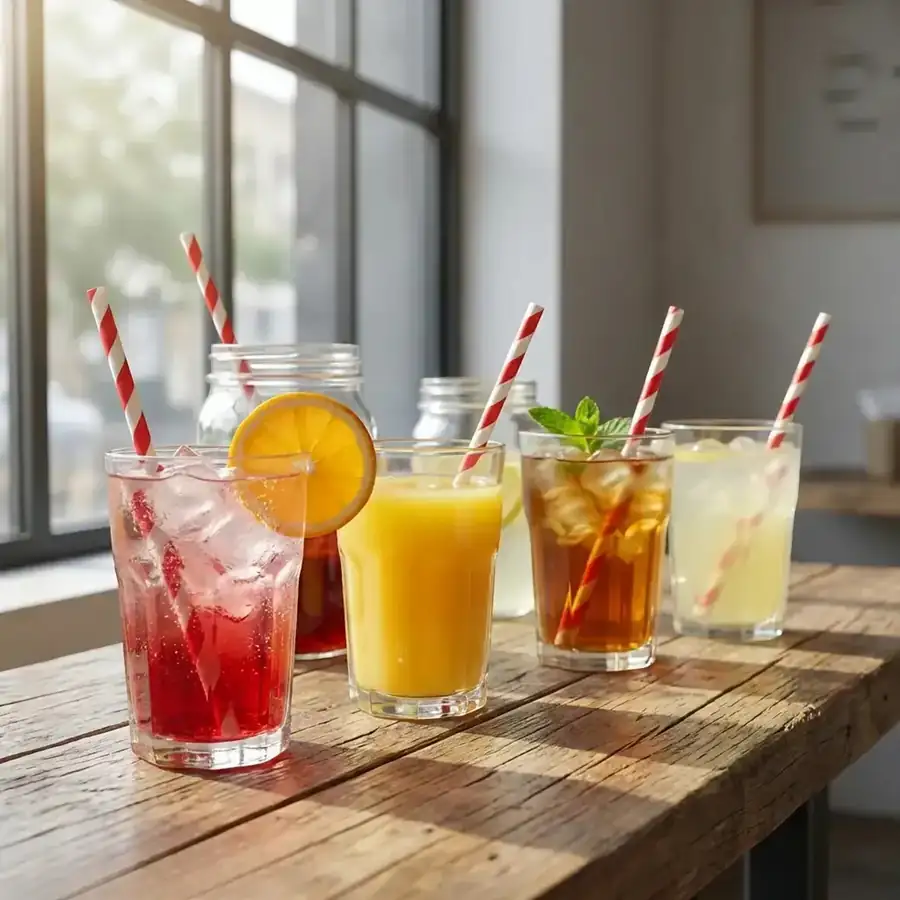 Red and white striped paper straws in glasses of juice and iced tea on a wooden table