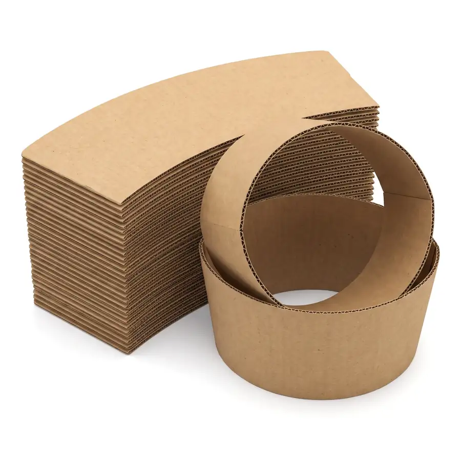 Stack of brown 12 and 16oz coffee cup sleeves with two sleeves formed
