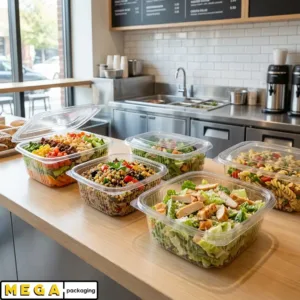 Hinged Plastic Container 1000cc clear transparent food container ridged bottom domed lid secure closure