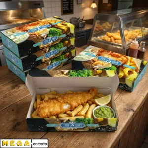 Fish & Chips Box 10 inch x100 large printed hinged lid cardboard takeaway container 255mm x 155mm x 55mm grease-resistant food-grade UK