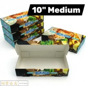 Fish & Chips Box 10 inch x100 large printed hinged lid cardboard takeaway container 255mm x 155mm x 55mm grease-resistant food-grade UK