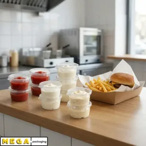 Hinged Pot 1oz x1000 clear plastic round sauce container transparent hinged lid 1000 pack bulk wholesale catering restaurant food service