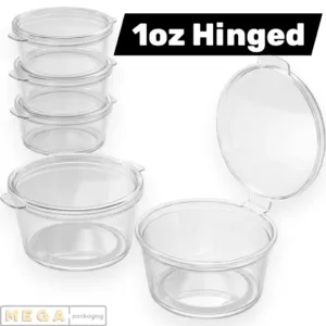 Hinged Pot 1oz x1000 clear plastic round sauce container transparent hinged lid 1000 pack bulk wholesale catering restaurant food service